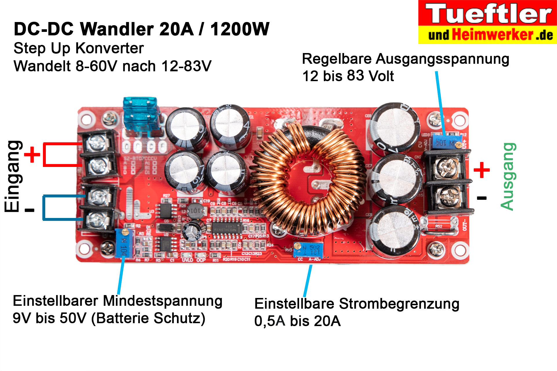 Spannung wandeln mit günstigen Step-Up Konverter (DC-DC Wandler bis 20A)