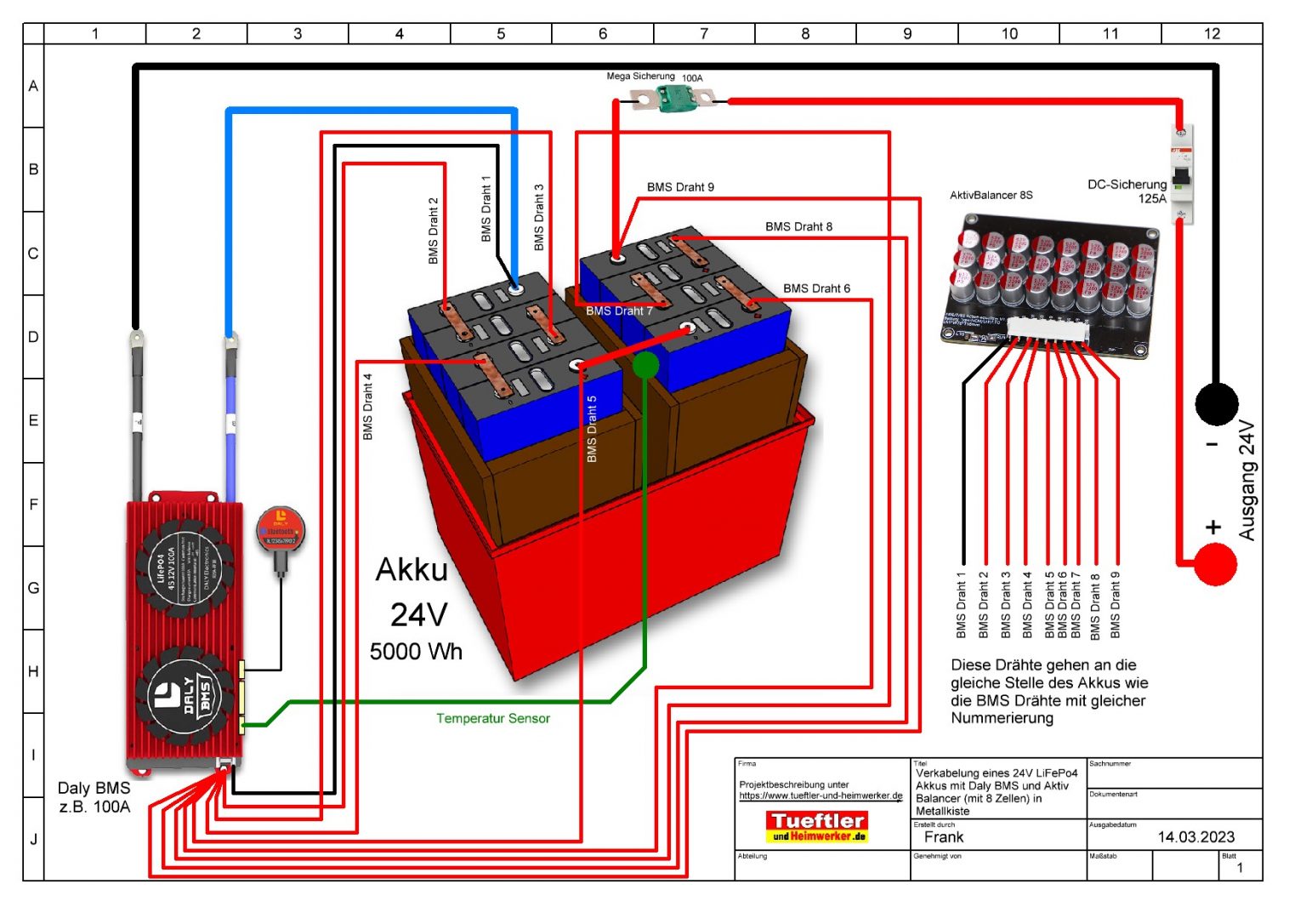 24V LiFePO4 Akku in Metallkiste mit Daly-BMS und Balancer Tueftler