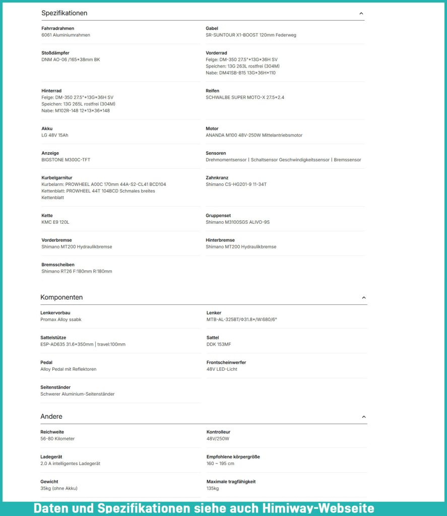 Himiway A7 Pro Technische Daten und Komponenten