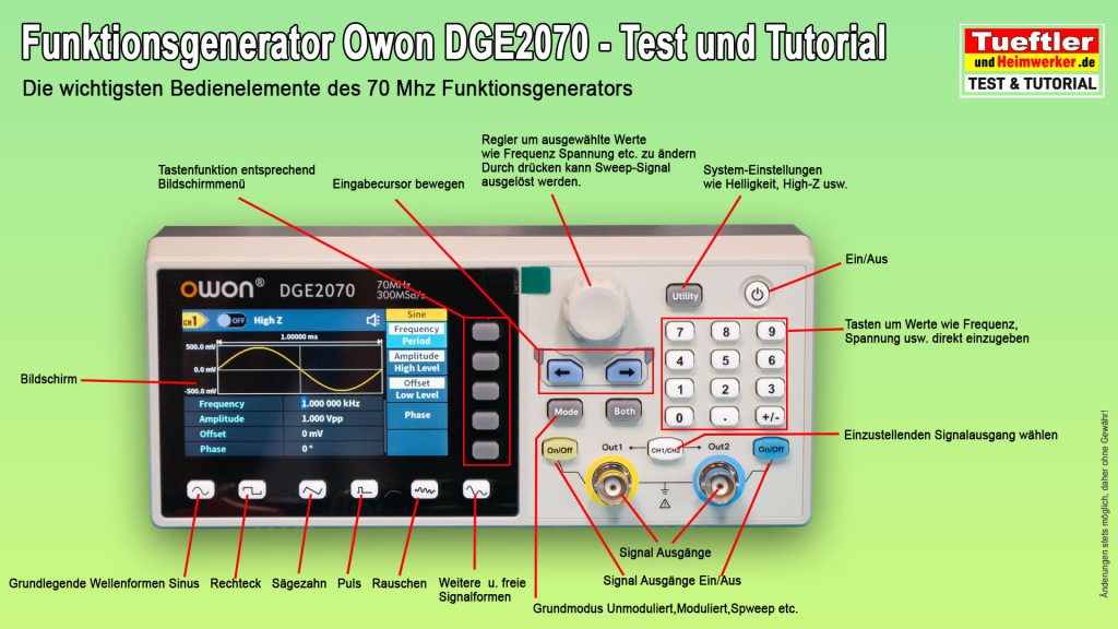 Funktionsgenerator-Owon-DGE2070-Test-Tutorial-Bedienelemente