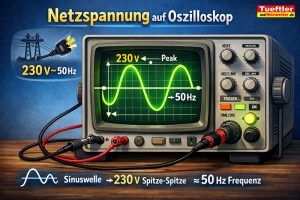 Netzspannung auf Oszilloskop visualisiert